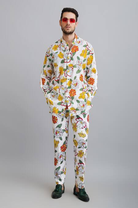 Nautanky_White Shirt-100% Fine Cotton, Trouser-neoprene Firangipani Shirt And Trouser Set _at_Aza_Fashions