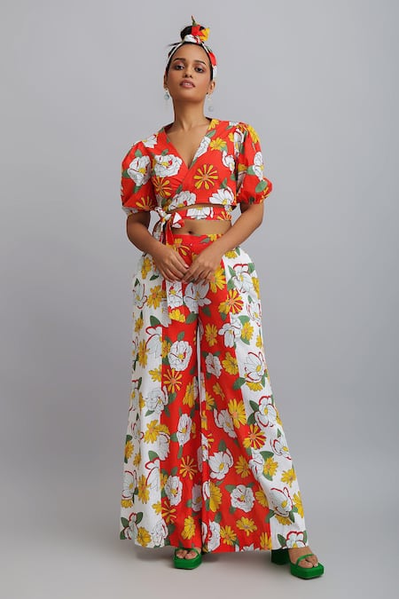 Shop_Nautanky_Red 100% Cotton Firangipani Print, Hibiscus V Neck Pant Set _Online_at_Aza_Fashions