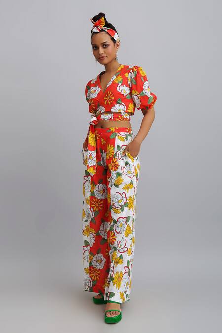 Nautanky_Red 100% Cotton Firangipani Print, Hibiscus V Neck Pant Set _at_Aza_Fashions