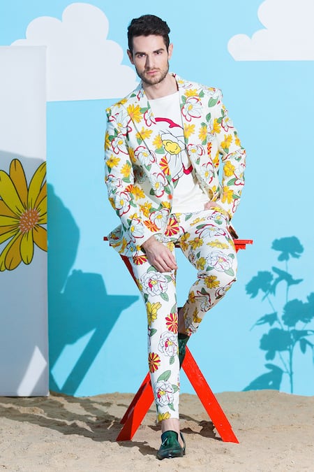 Nautanky_White Blazer-100% Fine Cotton, Trouser And Sando-neoprene Firangipani & Pant Set _Online_at_Aza_Fashions