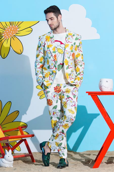 Buy_Nautanky_White Blazer-100% Fine Cotton, Trouser And Sando-neoprene Firangipani & Pant Set _Online_at_Aza_Fashions