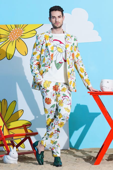 Shop_Nautanky_White Blazer-100% Fine Cotton, Trouser And Sando-neoprene Firangipani & Pant Set _Online_at_Aza_Fashions