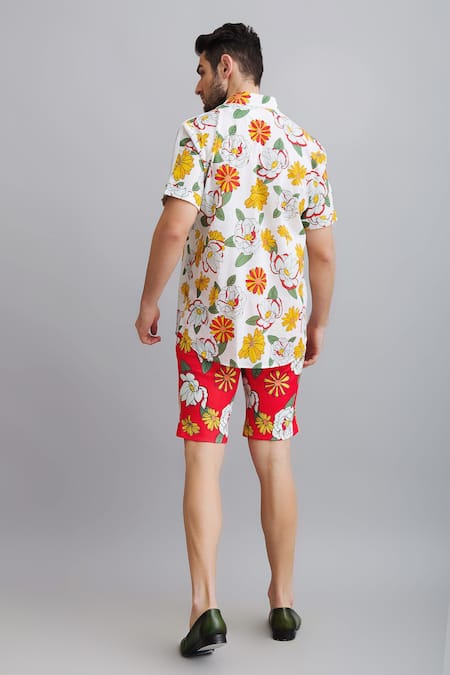 Shop_Nautanky_White Shirt-100% Fine Cotton, Shorts-neoprene Firangipani Shirt And Shorts Set _at_Aza_Fashions
