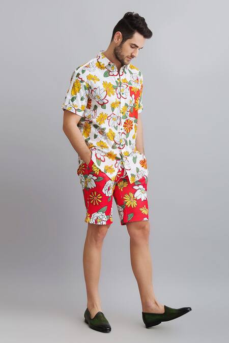 Nautanky_White Shirt-100% Fine Cotton, Shorts-neoprene Firangipani Shirt And Shorts Set _Online_at_Aza_Fashions