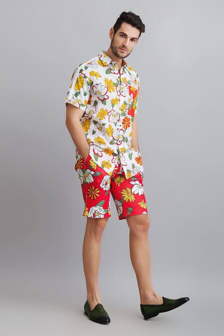 Buy_Nautanky_White Shirt-100% Fine Cotton, Shorts-neoprene Firangipani Shirt And Shorts Set _Online_at_Aza_Fashions