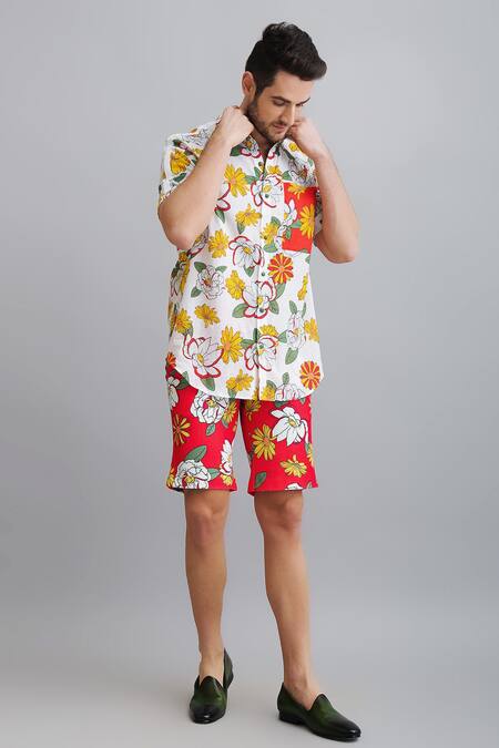 Shop_Nautanky_White Shirt-100% Fine Cotton, Shorts-neoprene Firangipani Shirt And Shorts Set _Online_at_Aza_Fashions