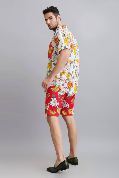 Nautanky_White Shirt-100% Fine Cotton, Shorts-neoprene Firangipani Shirt And Shorts Set _at_Aza_Fashions