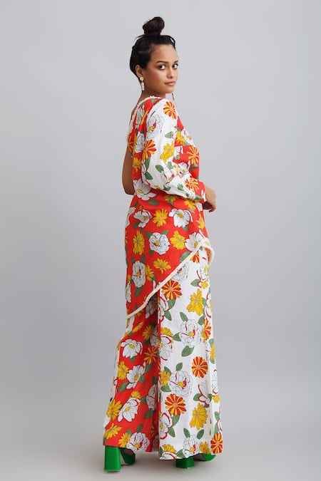 Shop_Nautanky_White 100% Cotton Firangipani Print, Hibiscus One Shoulder Tunic And Pant Set _at_Aza_Fashions
