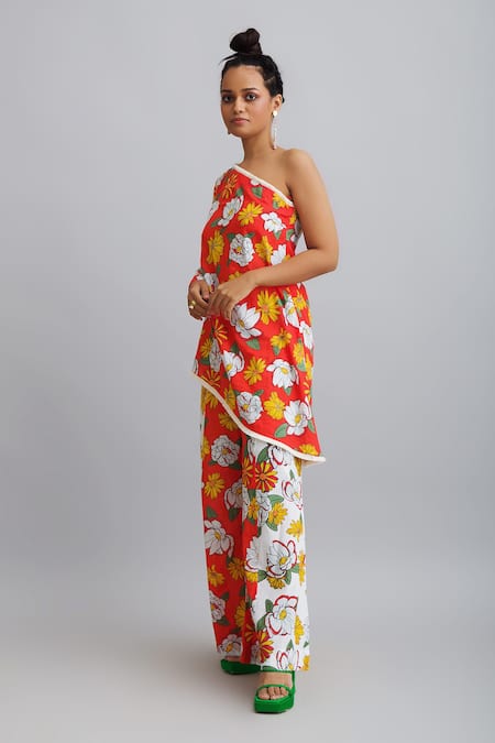 Nautanky_White 100% Cotton Firangipani Print, Hibiscus One Shoulder Tunic And Pant Set _Online_at_Aza_Fashions