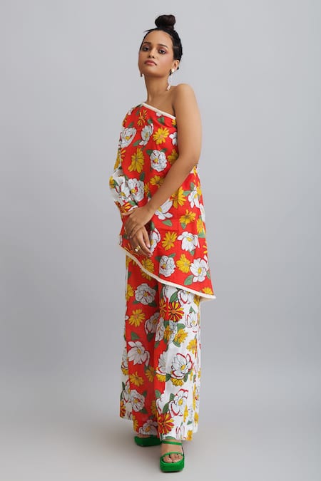 Buy_Nautanky_White 100% Cotton Firangipani Print, Hibiscus One Shoulder Tunic And Pant Set _Online_at_Aza_Fashions