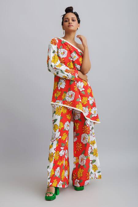 Shop_Nautanky_White 100% Cotton Firangipani Print, Hibiscus One Shoulder Tunic And Pant Set _Online_at_Aza_Fashions