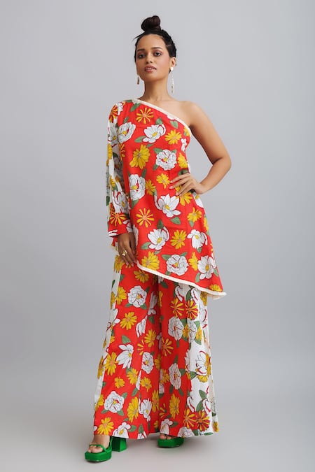 Nautanky_White 100% Cotton Firangipani Print, Hibiscus One Shoulder Tunic And Pant Set _at_Aza_Fashions