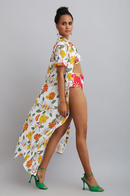 Nautanky_White Shirt-100% Cotton And Bikini-neoprene Firangipani Print, Bikini Set With _Online_at_Aza_Fashions
