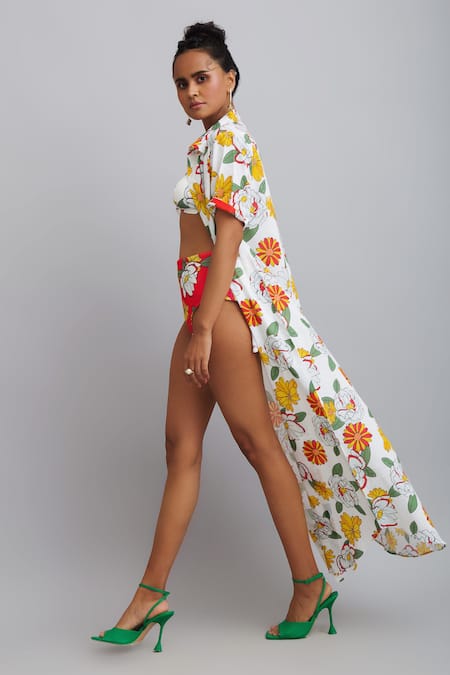 Buy_Nautanky_White Shirt-100% Cotton And Bikini-neoprene Firangipani Print, Bikini Set With _Online_at_Aza_Fashions