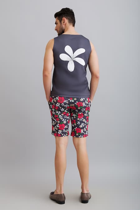 Shop_Nautanky_Grey Neoprene Champa Print Sando And Shorts Set _at_Aza_Fashions