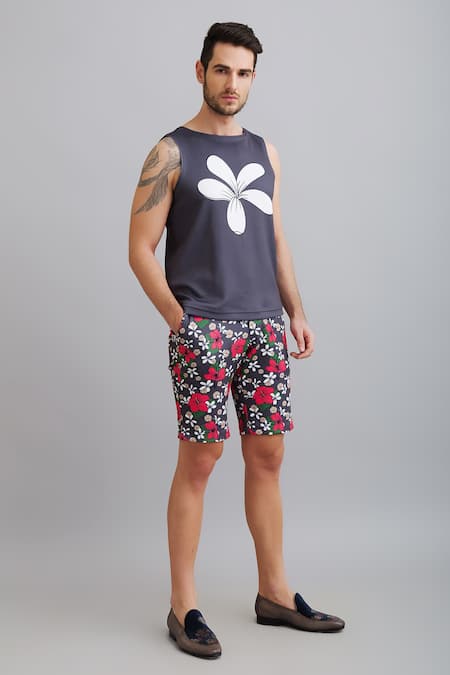 Nautanky_Grey Neoprene Champa Print Sando And Shorts Set _Online_at_Aza_Fashions