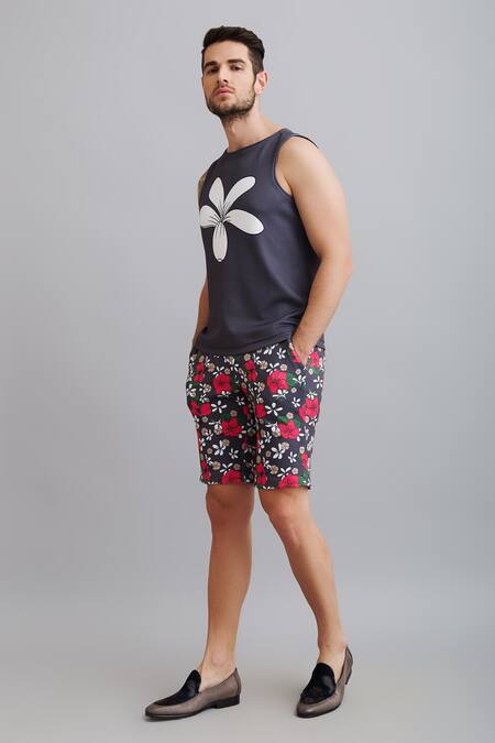 Buy_Nautanky_Grey Neoprene Champa Print Sando And Shorts Set _Online_at_Aza_Fashions