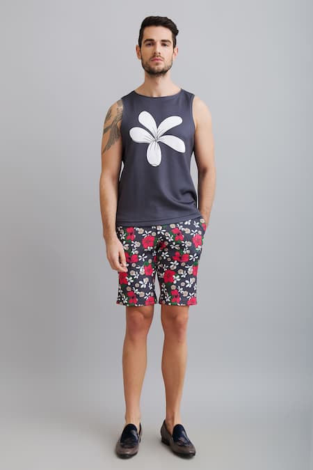 Shop_Nautanky_Grey Neoprene Champa Print Sando And Shorts Set _Online_at_Aza_Fashions