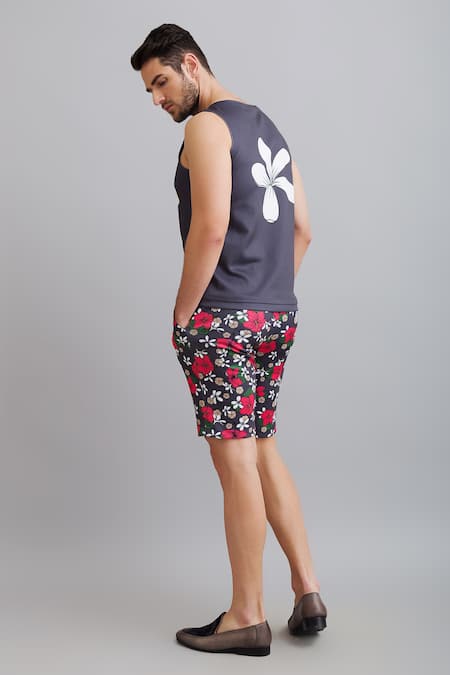 Nautanky_Grey Neoprene Champa Print Sando And Shorts Set _at_Aza_Fashions