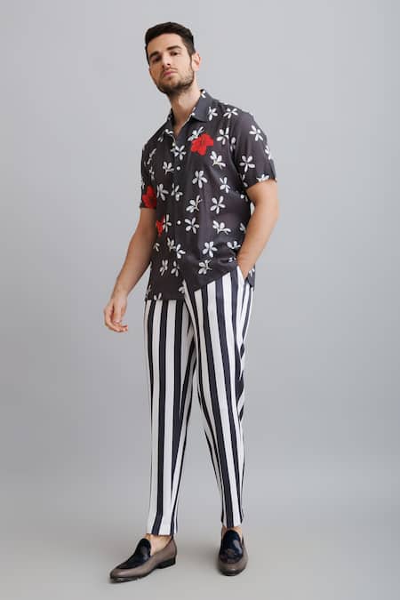 Nautanky_Grey Shirt-100% Fine Cotton, Shorts-neoprene Champa Print Shirt And Shorts Set _Online_at_Aza_Fashions