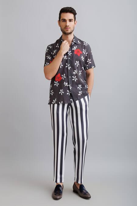 Shop_Nautanky_Grey Shirt-100% Fine Cotton, Shorts-neoprene Champa Print Shirt And Shorts Set _Online_at_Aza_Fashions