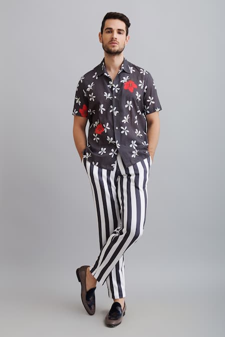 Nautanky_Grey Shirt-100% Fine Cotton, Shorts-neoprene Champa Print Shirt And Shorts Set _at_Aza_Fashions