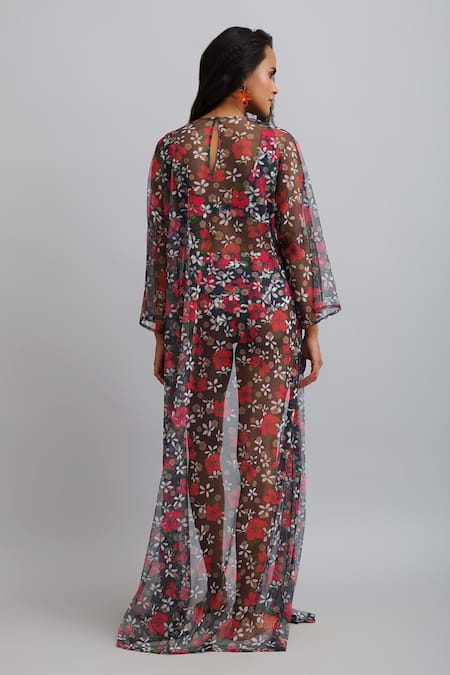 Shop_Nautanky_Grey Cape- Net, Monokini- Neoprene Firangipani Print, Hibiscus Cape Open With _at_Aza_Fashions