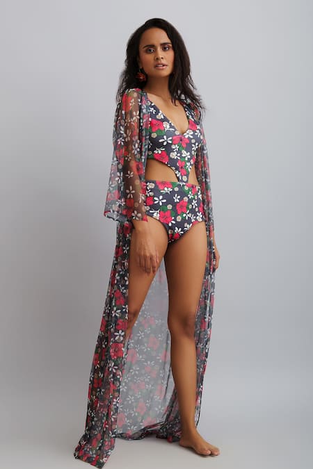 Nautanky_Grey Cape- Net, Monokini- Neoprene Firangipani Print, Hibiscus Cape Open With _Online_at_Aza_Fashions