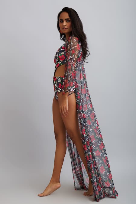 Buy_Nautanky_Grey Cape- Net, Monokini- Neoprene Firangipani Print, Hibiscus Cape Open With _Online_at_Aza_Fashions