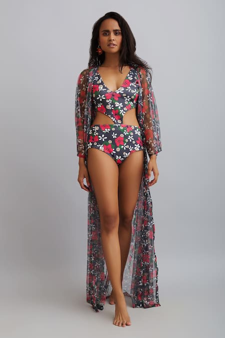 Shop_Nautanky_Grey Cape- Net, Monokini- Neoprene Firangipani Print, Hibiscus Cape Open With _Online_at_Aza_Fashions