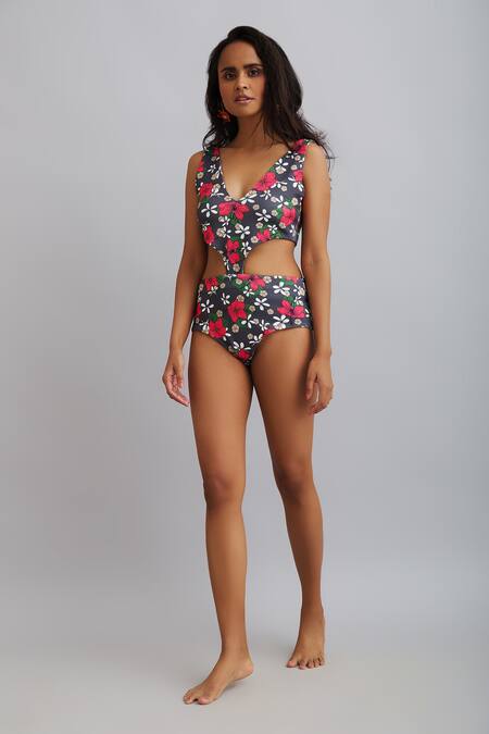 Nautanky_Grey Cape- Net, Monokini- Neoprene Firangipani Print, Hibiscus Cape Open With _at_Aza_Fashions