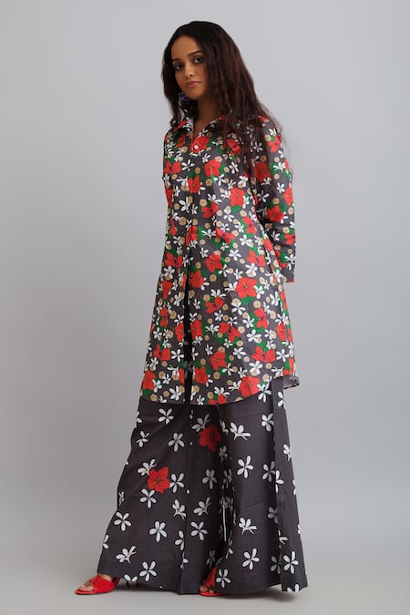 Nautanky_Grey 100% Fine Cotton Firangipani Print, Hibiscus Shirt Tunic And Flared Pant Set _Online_at_Aza_Fashions