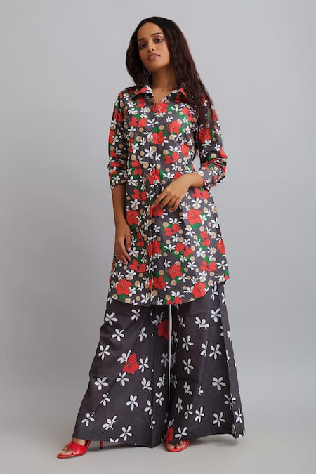 Buy_Nautanky_Grey 100% Fine Cotton Firangipani Print, Hibiscus Shirt Tunic And Flared Pant Set _Online_at_Aza_Fashions