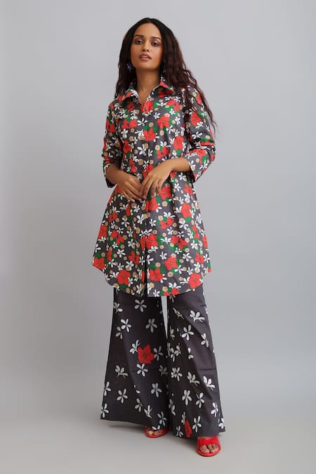 Shop_Nautanky_Grey 100% Fine Cotton Firangipani Print, Hibiscus Shirt Tunic And Flared Pant Set _Online_at_Aza_Fashions