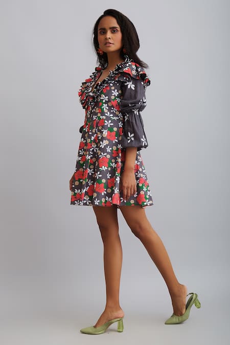 Buy_Nautanky_Grey 100% Fine Cotton Firangipani Print, Hibiscus V Neck Puff Sleeve Dress _Online_at_Aza_Fashions