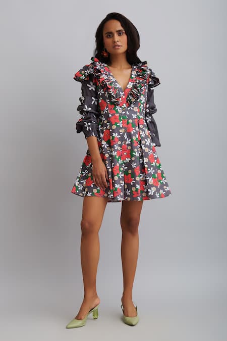 Shop_Nautanky_Grey 100% Fine Cotton Firangipani Print, Hibiscus V Neck Puff Sleeve Dress _Online_at_Aza_Fashions