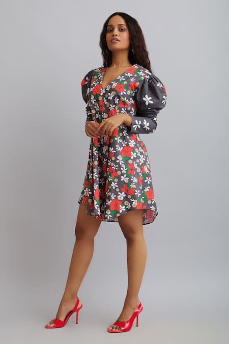 Buy_Nautanky_Grey 100% Fine Cotton Firangipani Print, Hibiscus V Neck Puff Sleeve Dress _Online_at_Aza_Fashions