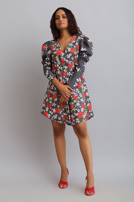 Shop_Nautanky_Grey 100% Fine Cotton Firangipani Print, Hibiscus V Neck Puff Sleeve Dress _Online_at_Aza_Fashions