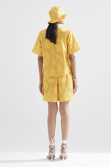 Shop Echostudio Yellow Cotton Satin Floral Straight Collar Sunflower Resort Shirt at Aza Fashions Shop_Echostudio_Yellow Cotton Satin Floral Straight Collar Sunflower Resort Shirt _at_Aza_Fashions