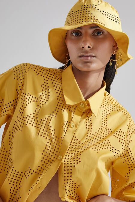 Shop Echostudio Yellow Cotton Satin Floral Straight Collar Sunflower Resort Shirt Online at Aza Fashions Shop_Echostudio_Yellow Cotton Satin Floral Straight Collar Sunflower Resort Shirt _Online_at_Aza_Fashions