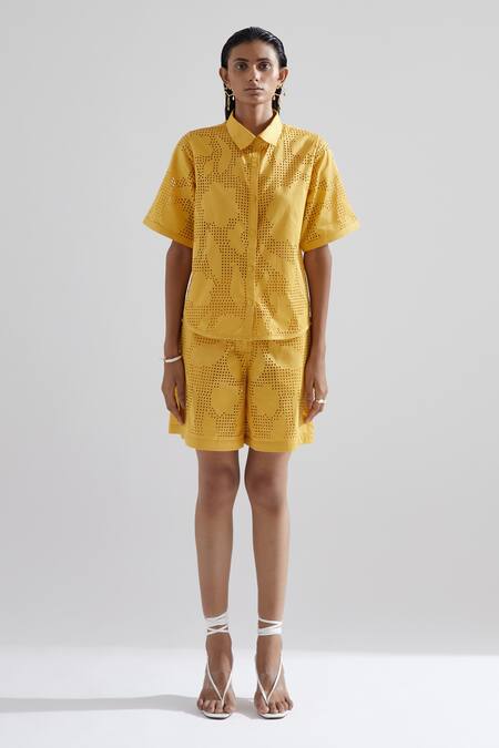 Echostudio_Yellow Cotton Satin Laser Cut Floral Sunflower Resort Shorts_Online_at_Aza_Fashions