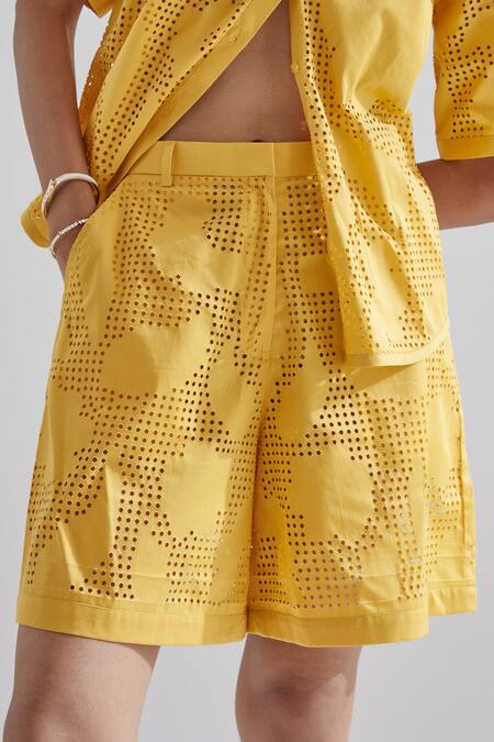 Shop_Echostudio_Yellow Cotton Satin Laser Cut Floral Sunflower Resort Shorts_Online_at_Aza_Fashions