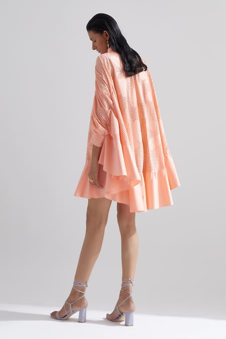 Shop_Echostudio_Pink Cotton Satin Floral Straight Collar Camellias Flower Dress _at_Aza_Fashions