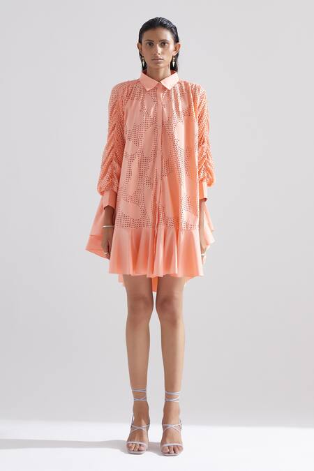 Echostudio_Pink Cotton Satin Floral Straight Collar Camellias Flower Dress _Online_at_Aza_Fashions