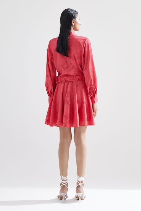 Shop Echostudio Red Cotton Satin Floral Straight Collar Amaryllis Dress at Aza Fashions Shop_Echostudio_Red Cotton Satin Floral Straight Collar Amaryllis Dress _at_Aza_Fashions
