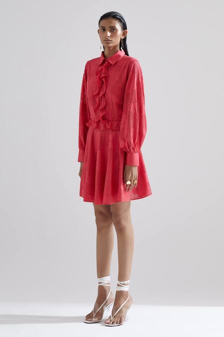 Echostudio Red Cotton Satin Floral Straight Collar Amaryllis Dress Online at Aza Fashions Echostudio_Red Cotton Satin Floral Straight Collar Amaryllis Dress _Online_at_Aza_Fashions