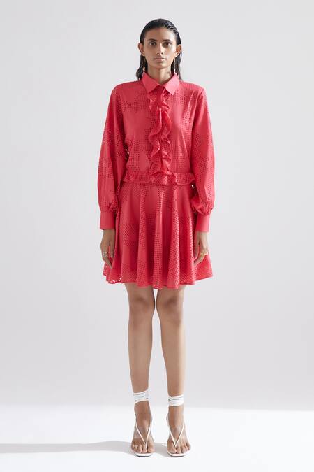 Buy Echostudio Red Cotton Satin Floral Straight Collar Amaryllis Dress Online at Aza Fashions Buy_Echostudio_Red Cotton Satin Floral Straight Collar Amaryllis Dress _Online_at_Aza_Fashions