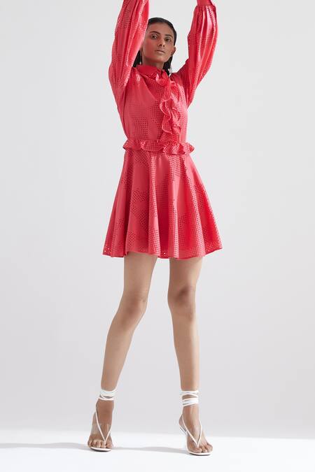 Shop Echostudio Red Cotton Satin Floral Straight Collar Amaryllis Dress Online at Aza Fashions Shop_Echostudio_Red Cotton Satin Floral Straight Collar Amaryllis Dress _Online_at_Aza_Fashions