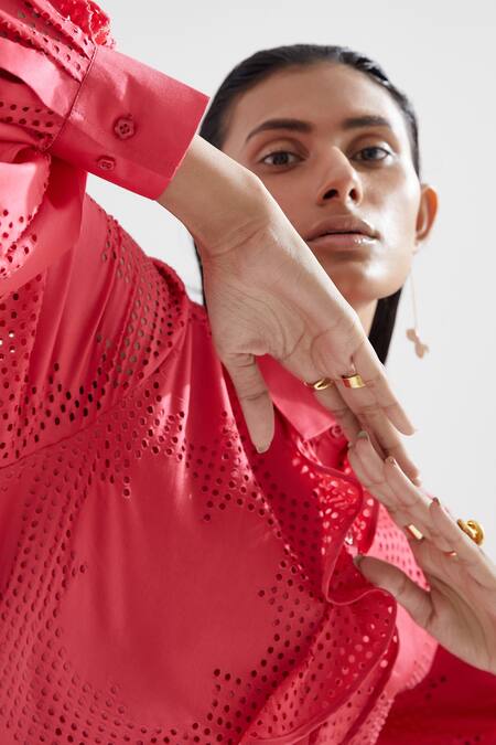 Echostudio Red Cotton Satin Floral Straight Collar Amaryllis Dress at Aza Fashions Echostudio_Red Cotton Satin Floral Straight Collar Amaryllis Dress _at_Aza_Fashions