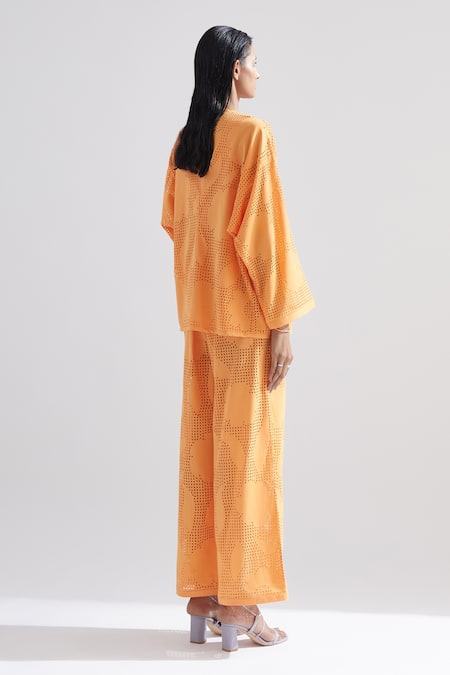 Shop Echostudio Orange Cotton Satin Floral Round Poppy Jacket at Aza Fashions Shop_Echostudio_Orange Cotton Satin Floral Round Poppy Jacket _at_Aza_Fashions